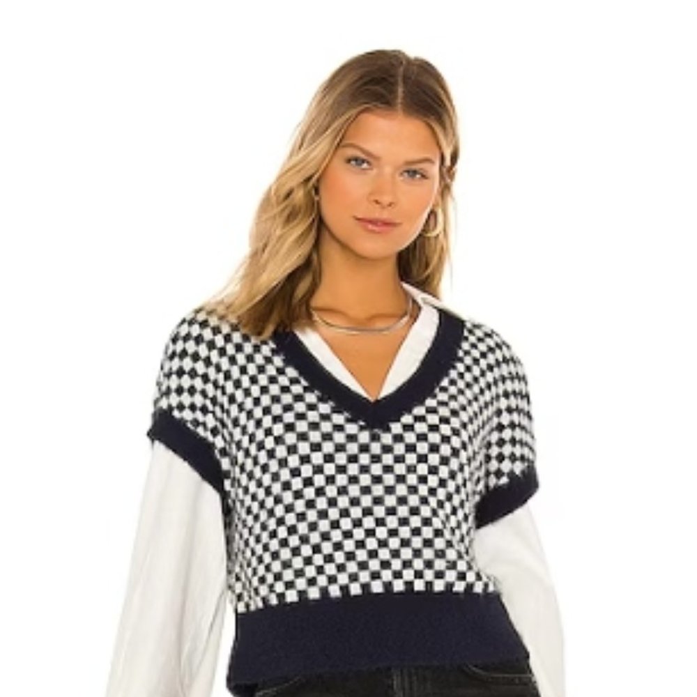 Free people checkered short sleeve sweater vest Through The Motions Top